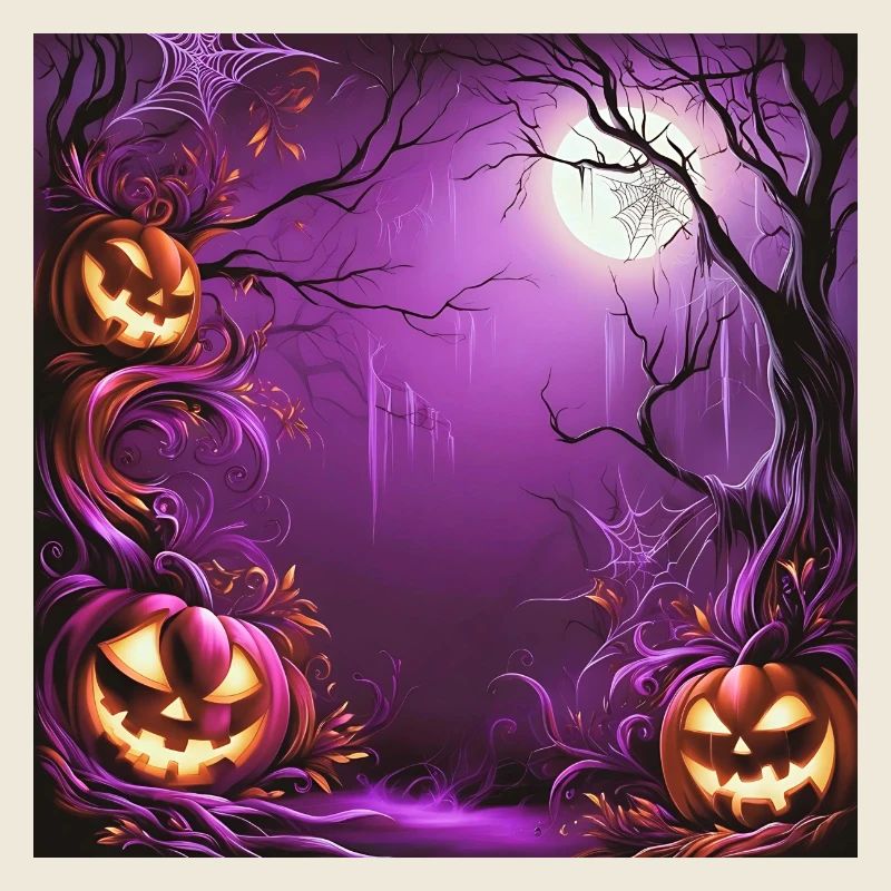 spooky purple forest in moonlight with pumpkins