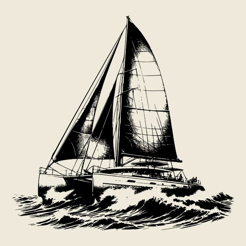 Chic catamaran in waves under sail wind