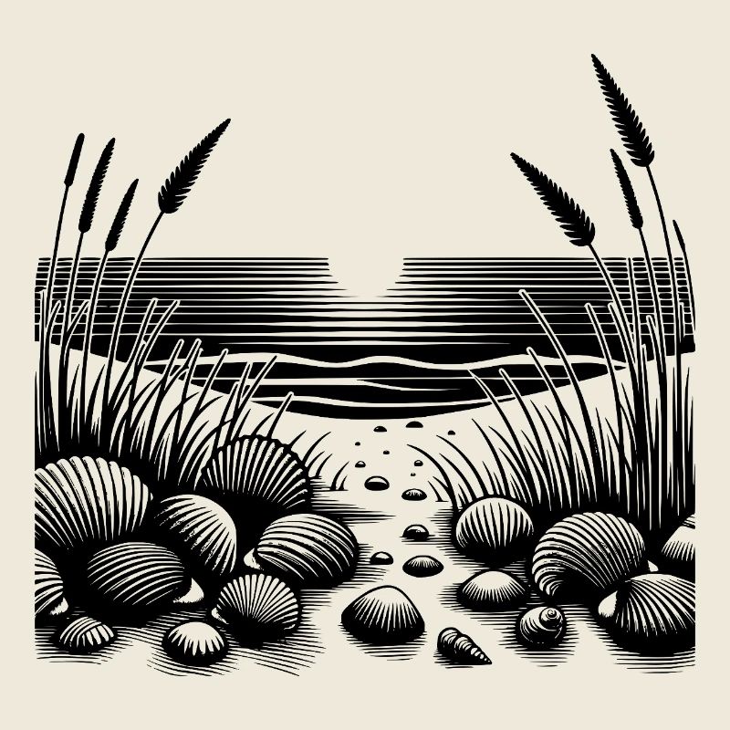 Sunset on the beach with tropical seashells