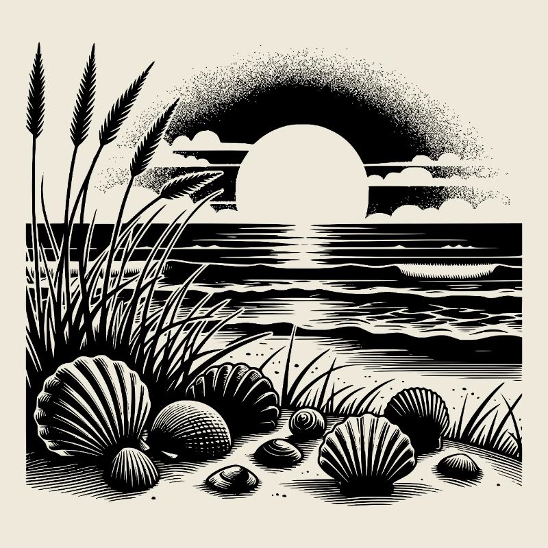 Motif de plage de coquillages et d’herbe avec coucher de soleil