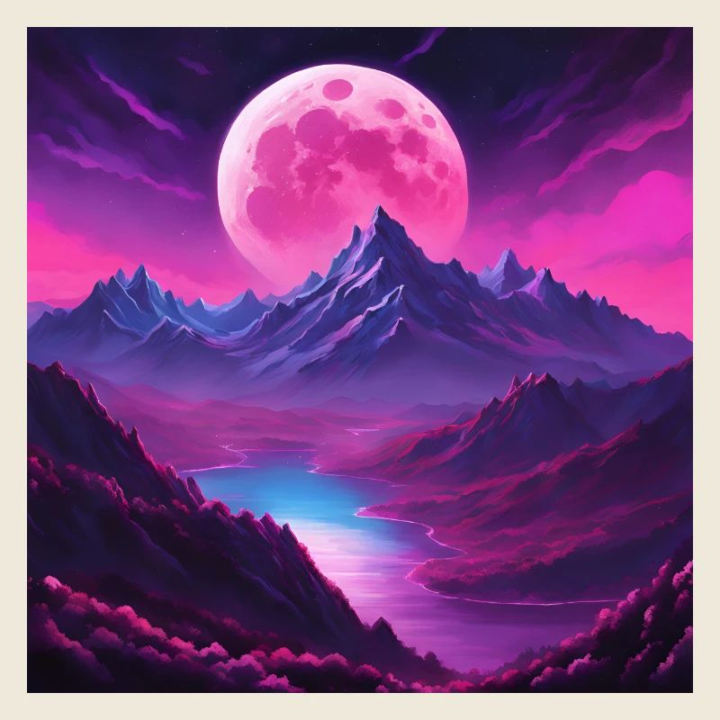 Pink Moonlit Magical Mountain Landscape