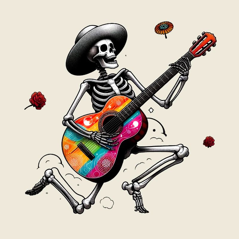 Skeleton playing guitar.