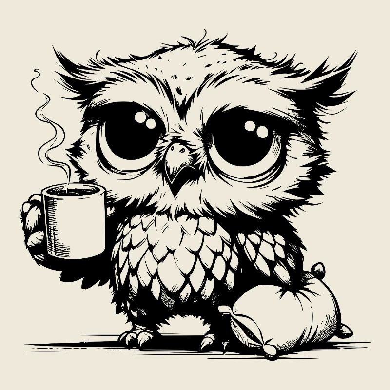 Verschlafene Eule die Kaffee zur Pflicht erklärt