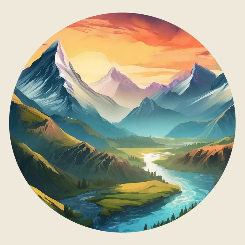 Mountain Landscape with Meadows, River, Sunset