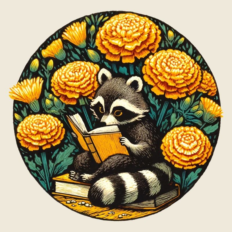 Lesewaschbär mit Ringelblumen