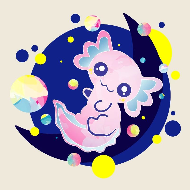 Cute Axolotl on Moon Flying Bubbles Bubbles
