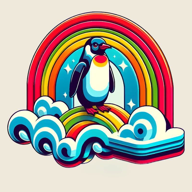 Penguin on rainbow cloud