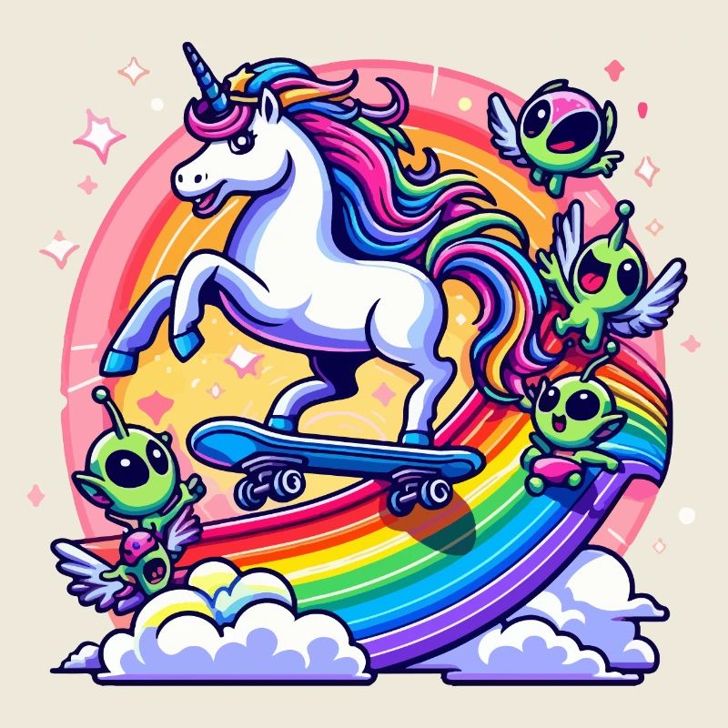 Einhorn auf einem Skateboard auf einem Regenbogen mit Aliens