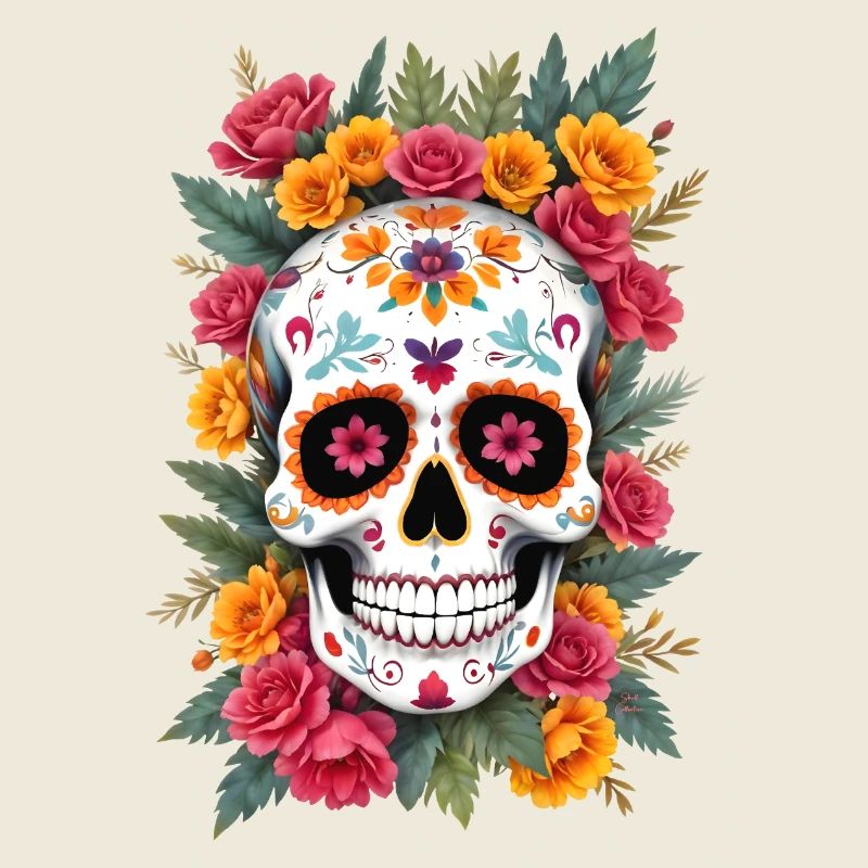 Tête de mort mexicaine sugar skull calavera fleurs