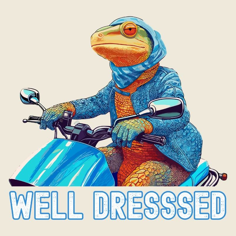 Ein gut gekleidetes Reptil fährt einen Roller (Eidechse)