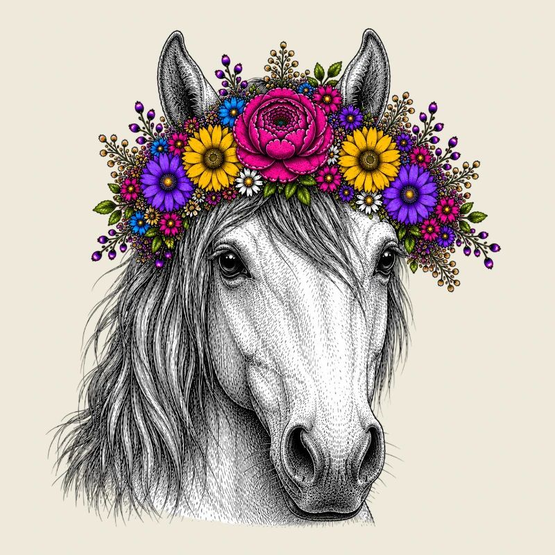 Cheval avec une couronne de fleurs