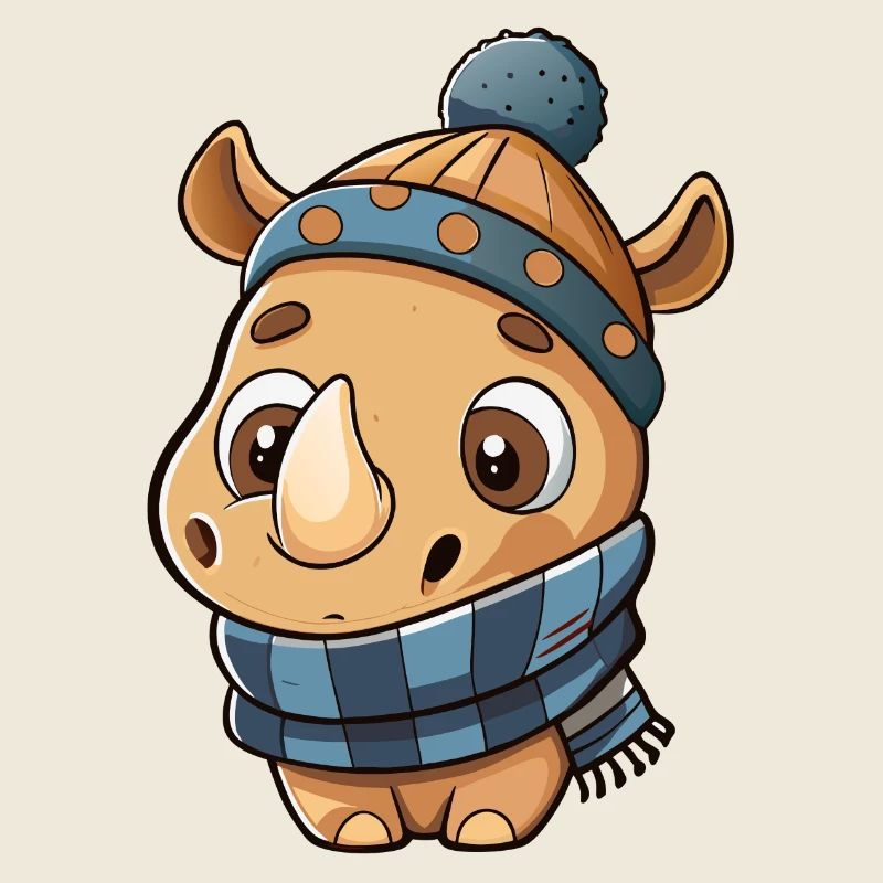 Rhinocéros mignon avec écharpe et chapeau à pompon.