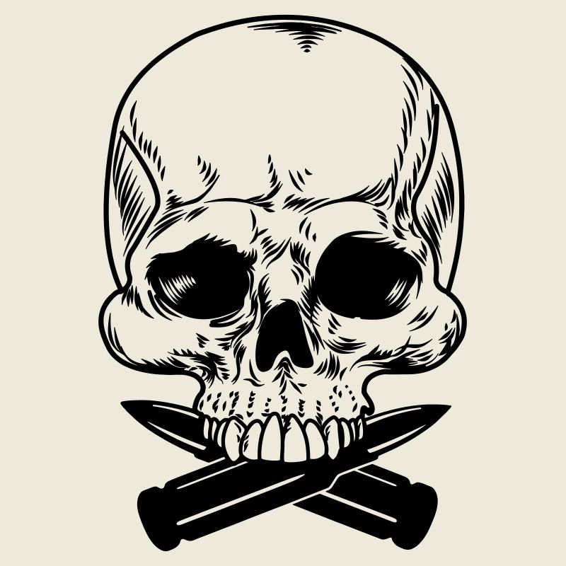 Skull with two bullets crossed under the teeth