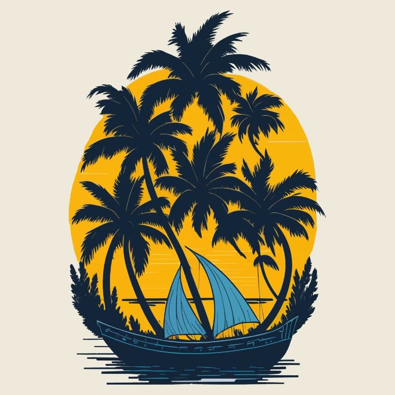 Coucher de soleil sur la barque à palmiers