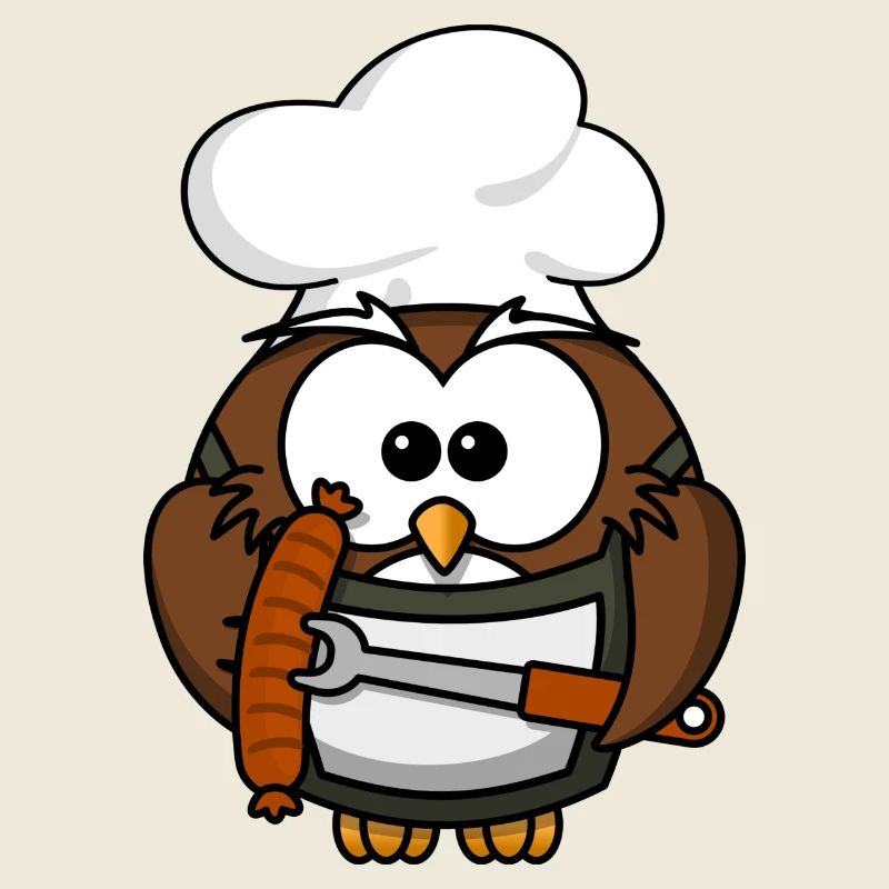 Eule am Grill mit Essen Comic Stil