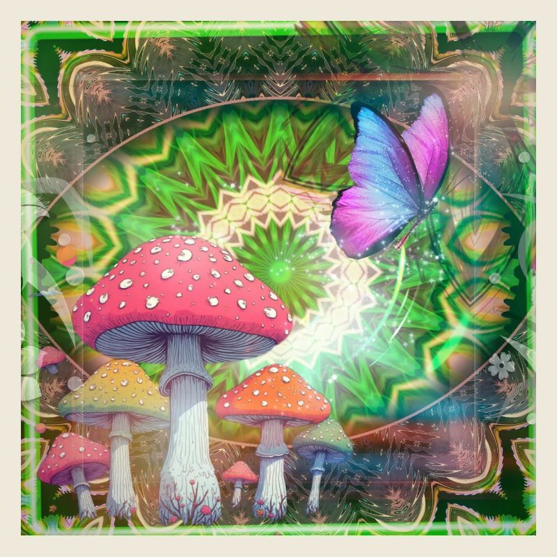 Champignons psychédéliques et forêt de néons papillons