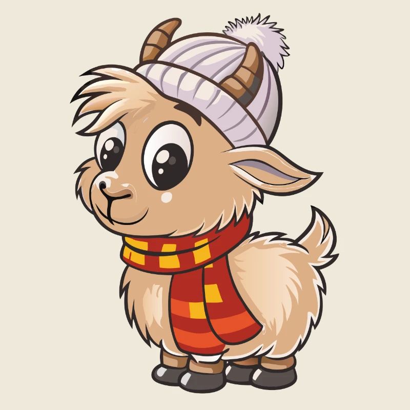 Cute goat with scarf and bobble hat.