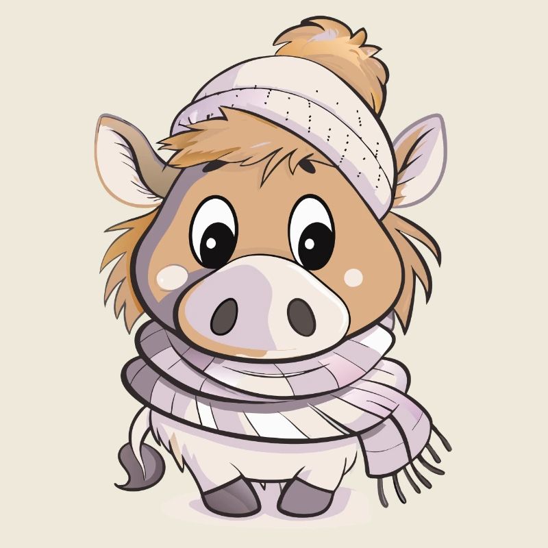 Mignon sanglier avec écharpe et chapeau à pompon.