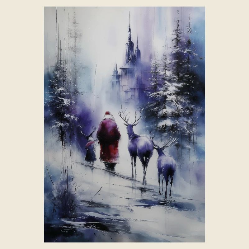 Winter silhouette: Santa Claus and reindeer