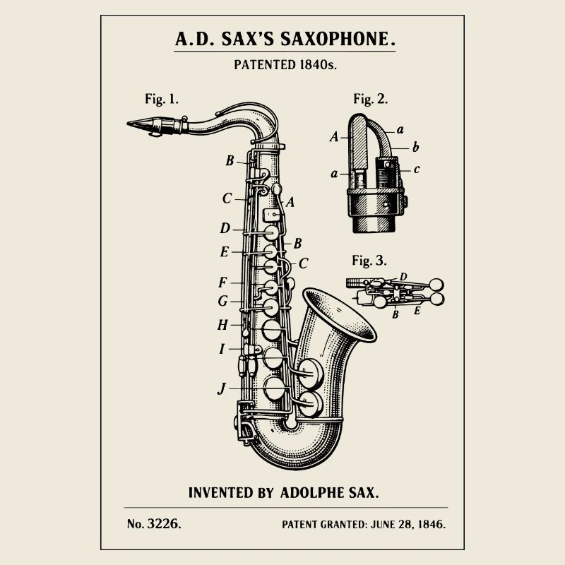 Saxophone Instrument Blueprint Patent Design