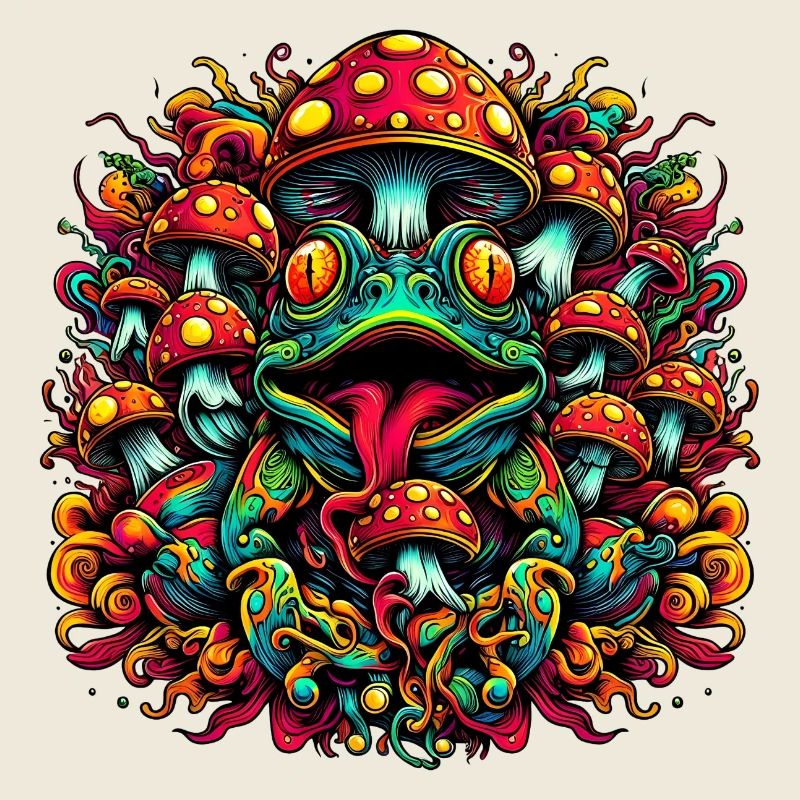 Psychedelic frog with mushrooms