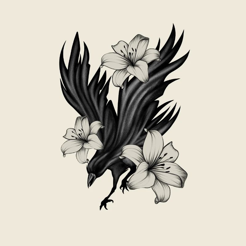 Corbeau noir avec lys blancs