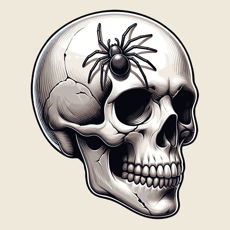 Bleicher Skull mit großer Spinne auf dem Schädel