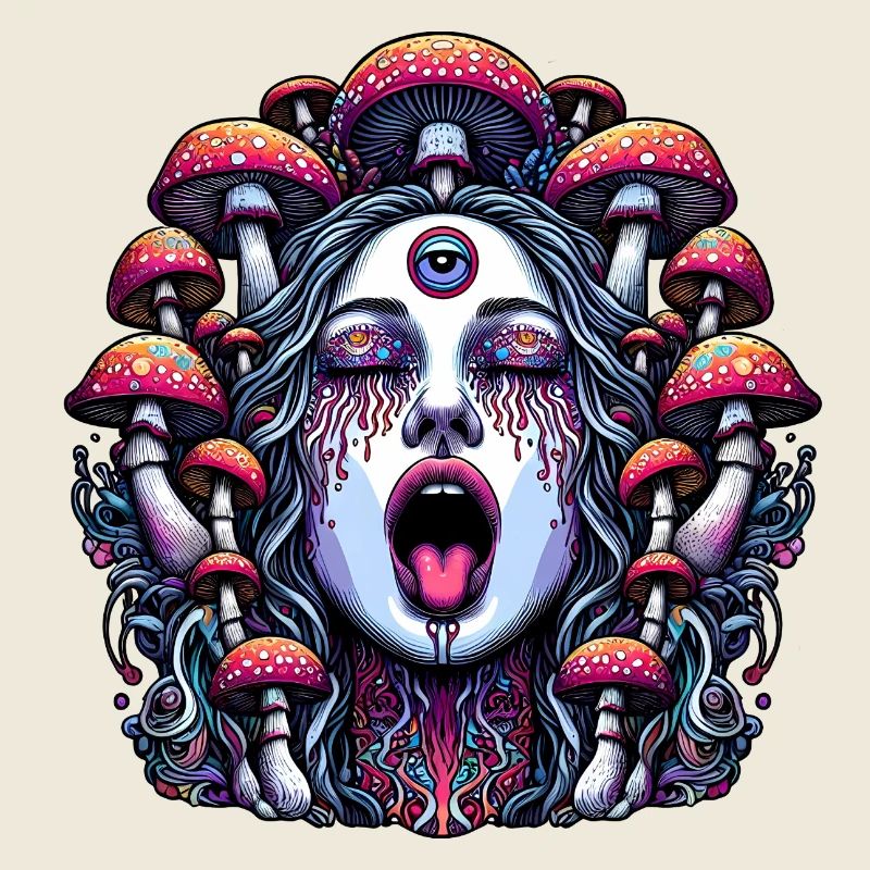 Trippy Frauengesicht mit Magic Mushrooms