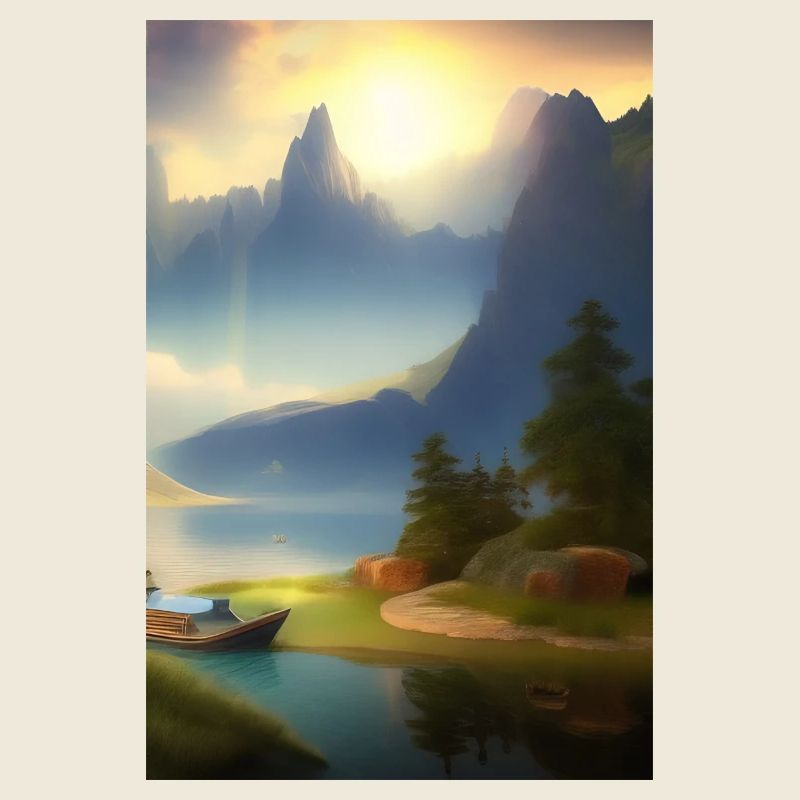 Paysage avec lac, bateau et montagnes