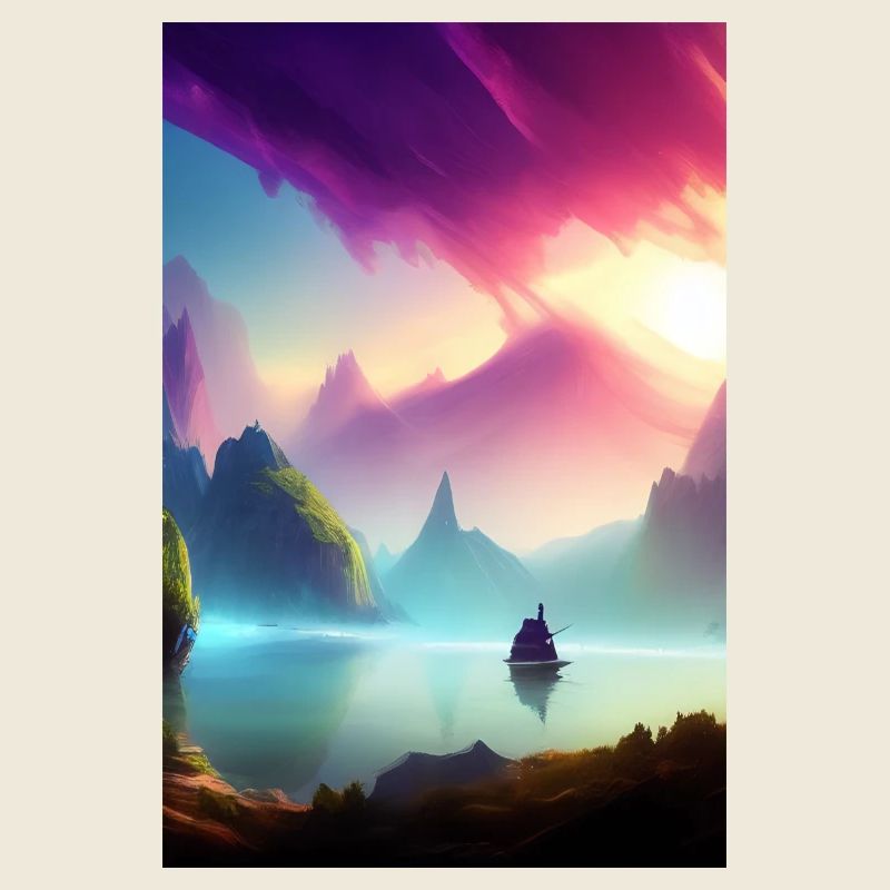 Paysage avec lac, bateau et montagnes