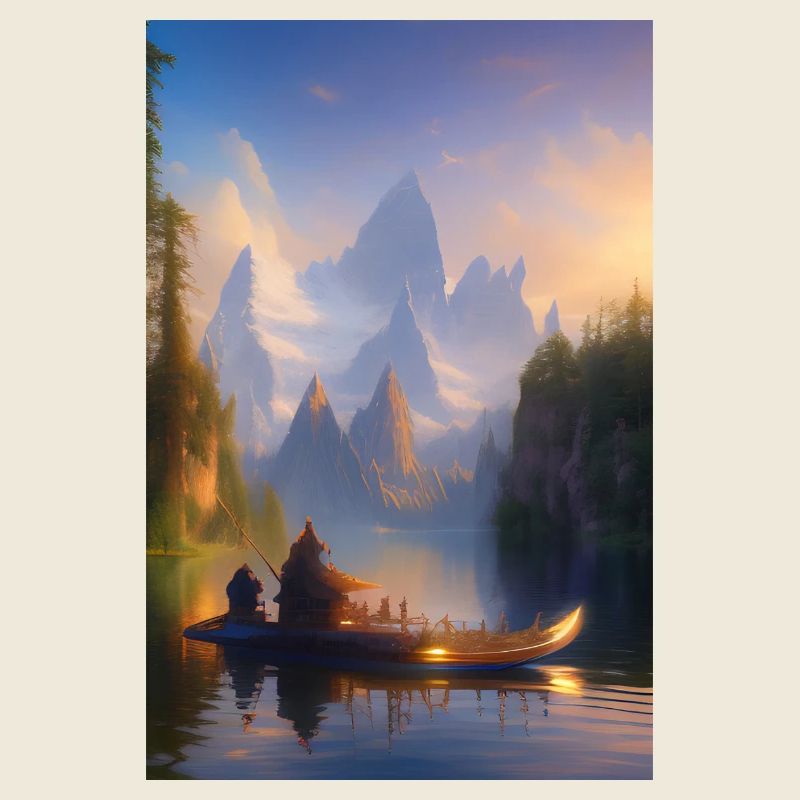 Landschaft mit See, Boot und Berge