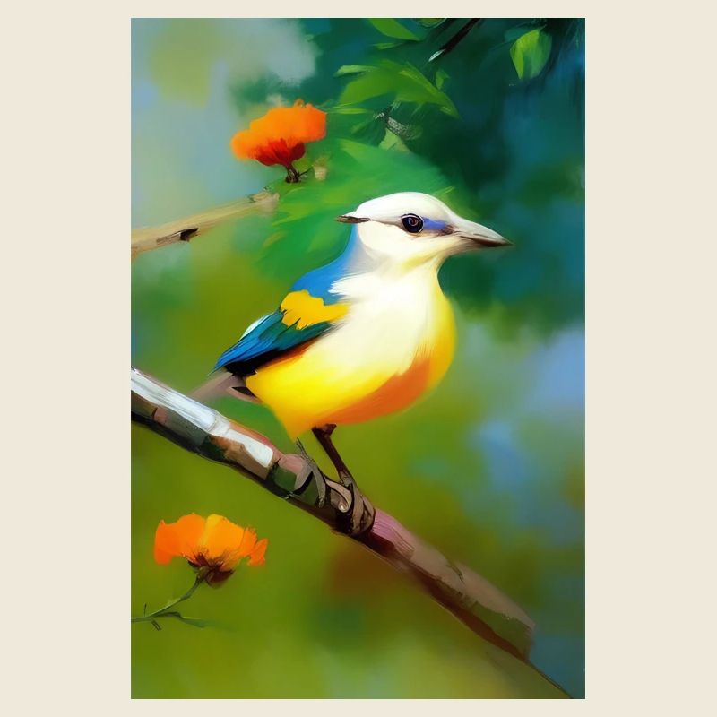 Vogel auf Ast mit Blumen Blüten