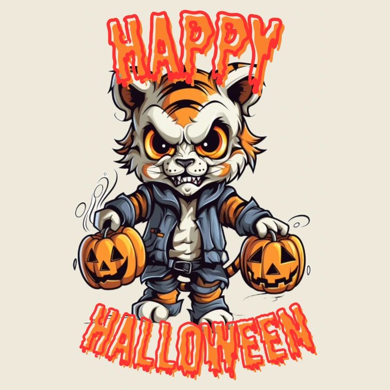 Spooky tiger with Halloween pumpkins