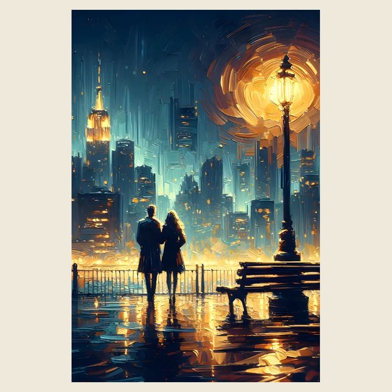 Liebesszene vor den Lichtern der Stadt