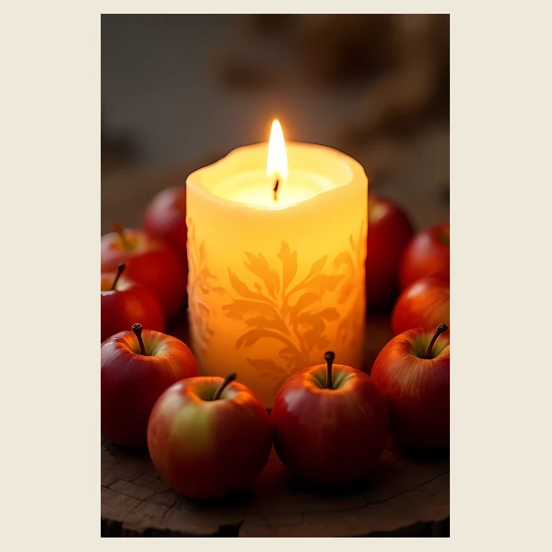 Burning candle with apples on rustic wood