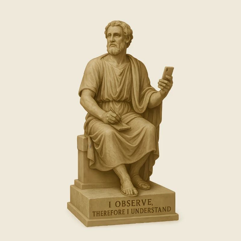 Antiker Philosophenstatue mit Smartphone