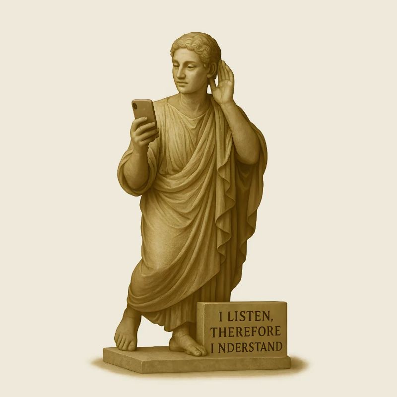 Antike Statue mit Smartphone und Zitat