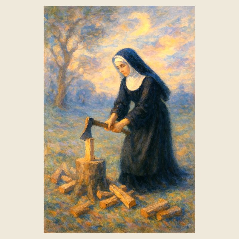 Nun chops wood
