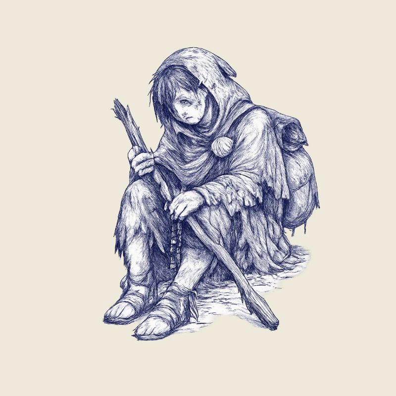 Wandernder Hüter mit Stab und Kapuze