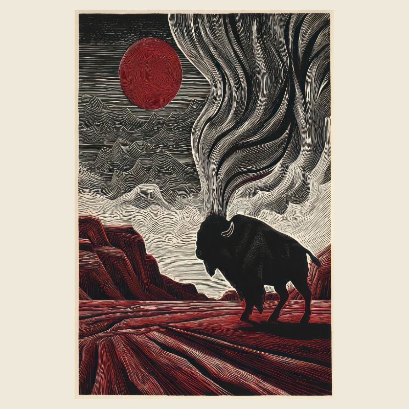 Bison Under Crimson Sun in Etched Landscape