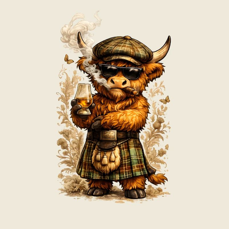 Highland Cattle mit Whisky und Zigarre