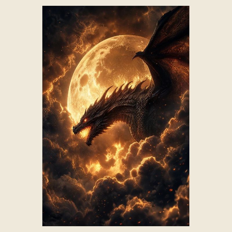 Moonlit Dragon Over Fiery Clouds