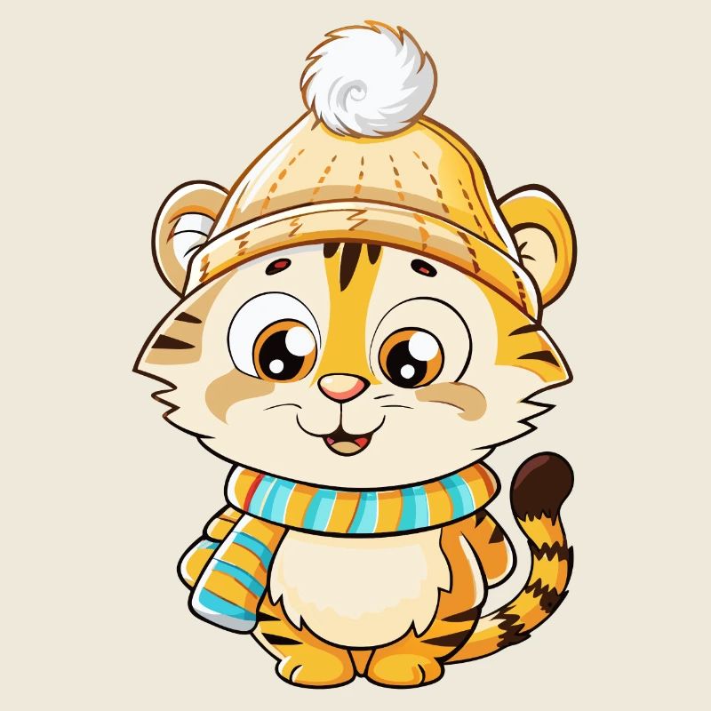 Tigre mignon avec écharpe et chapeau à pompon.