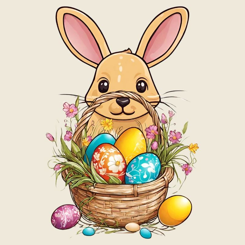 Lapin derrière le panier de Pâques
