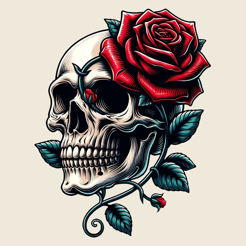 Skull with red roses and rose tendrils