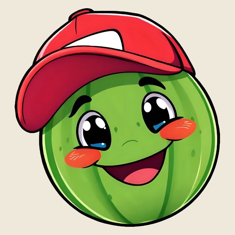 Lächelnde Wassermelonenfigur mit roter Baseballkappe