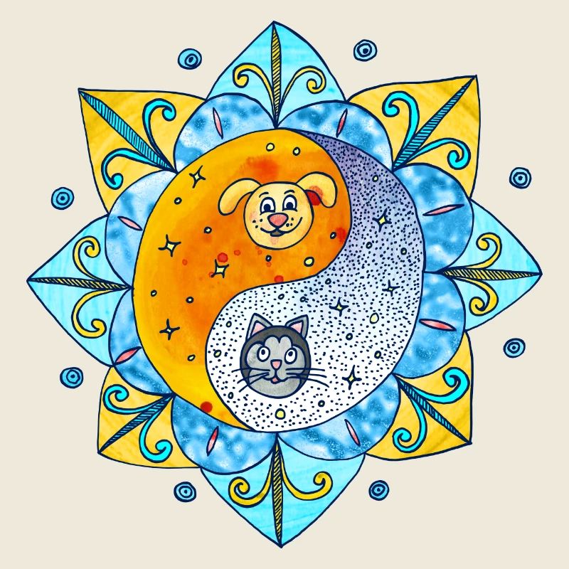 Chien de chat Mignon Yin Yang Symbole Mandala