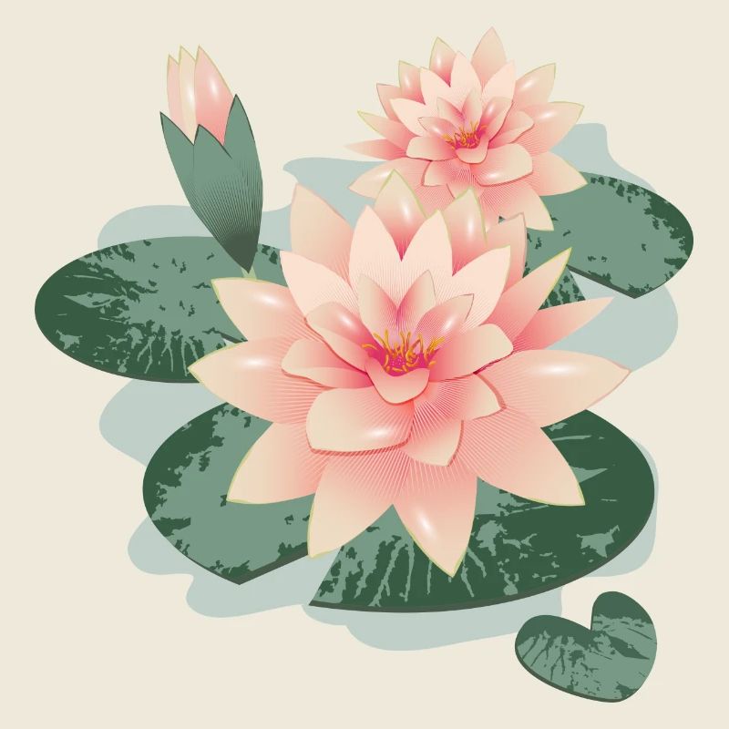 Water lily blossoms with bud in water lily pond