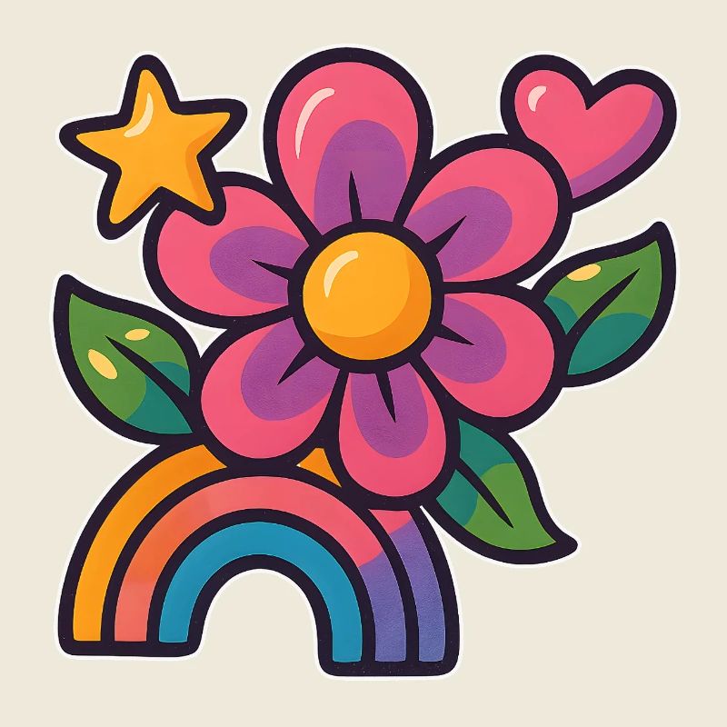 Fleurs colorées et illustration arc-en-ciel