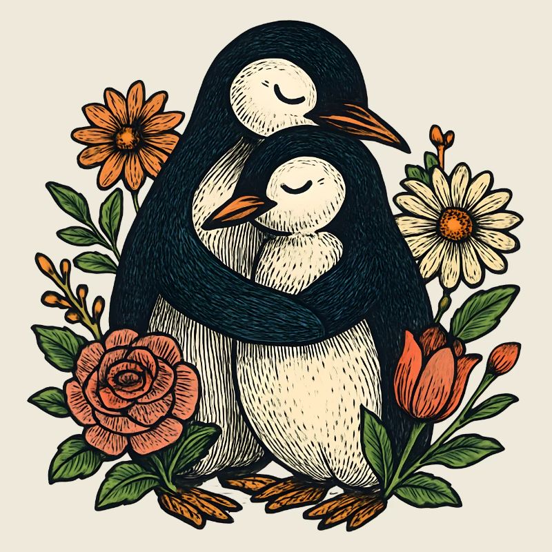 Kuschelnde Pinguine im Blumengarten